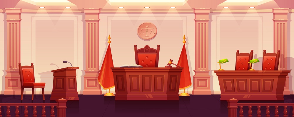 Courtroom interior cartoon vector background. Trial justice room illustration. Table and chair for lawyer, witness, prosecutor and defendant on hearing session. Supreme tribunal investigation scene